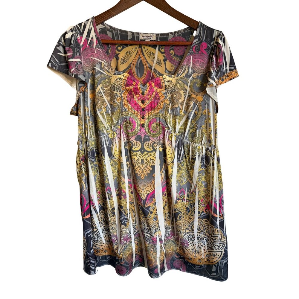 One World Size Large Yellow Pink Sweetheart Neckline Pleated Boho Colorful Artsy